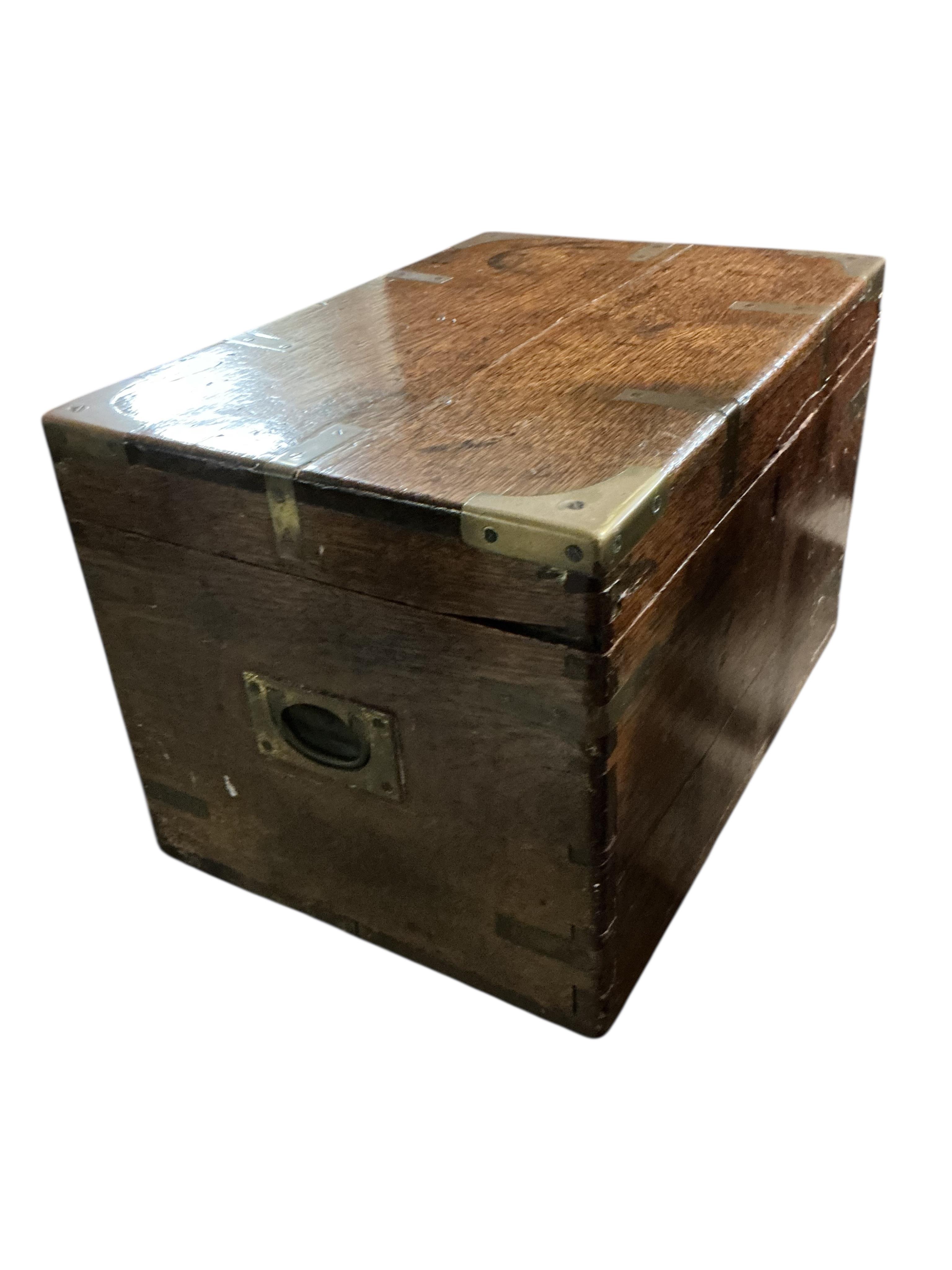 A small 19th century brass mounted oak strong box, width 50cm, depth 34cm, height 32cm